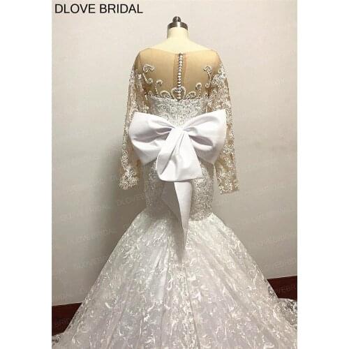 Long Sleeve Lace Wedding Dress with Detachable Bow Back Illusion Bridal Gown Pearl Vestido De Noiva High Quality Real Photos