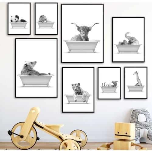 Bathtub animal Bathroom toilet Wall Art Print Canvas Painting Lion elephant zebra Nordic Poster Decor Pictures For Living Room