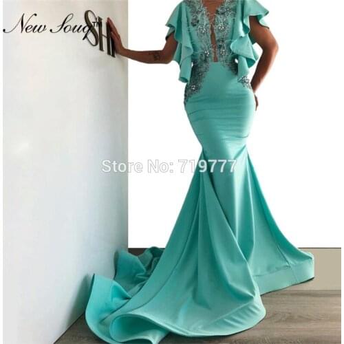 Mermaid Feather Appliqued Evening Dress 2019 Custom Made Capped Sleeves Long Prom Dresses African Arabic Party Gown Abendkleider