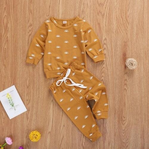Infant Baby Girls Boys Spring Autumn Shirt Jogger Pants Suit Sun Printed Round Neck Long Sleeve Lace-up Trousers