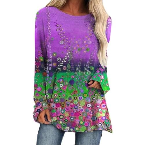 Designed Splicing Landscape Printed T-Shirt Women Daily Wearing Full Sleeve T Shirt Top Leisure Time Soft Round Neck T-Shirts