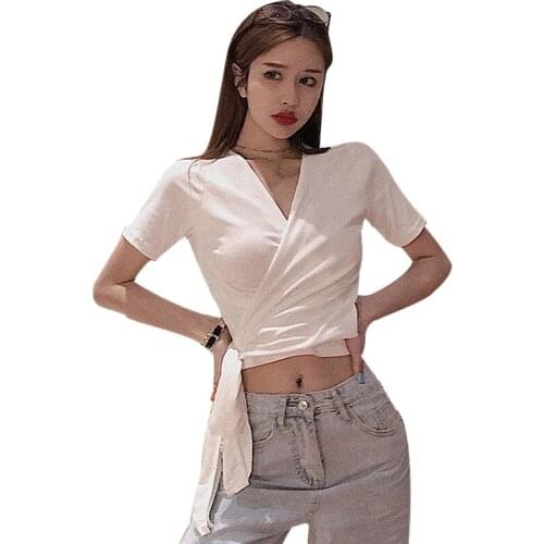 Women Sexy Back Lace Up Bow T-Shirt Ladies O Neck Short Sleeve Tops Summer Slim Solid Color Backless Tees Shirts