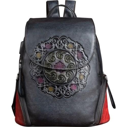 Genuine Leather Womens Backpack With USB Charging Port Girl Female Book Bag Roomy High Quality Vintage Grey Red Brown Green