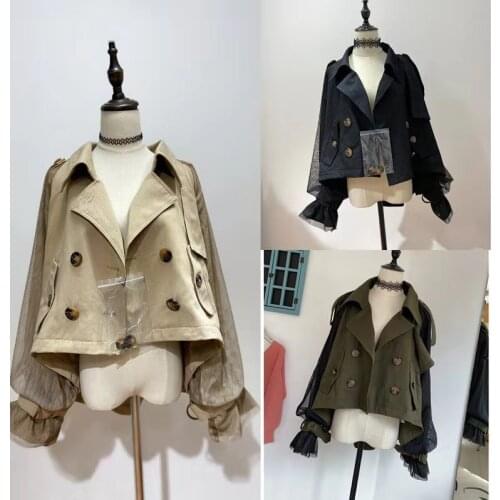 Ladies Autumn & Winter Sweet Double-breasted Lapel Mesh Windbreaker - Women Streetwear Fashion Patchwork Short Jacket Outerwear