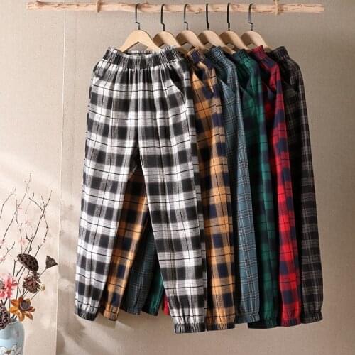 Women Pants Cotton 2021 Spring/Summer Plaid Pants High Waist Casual Ankle-Length Knickerbockers Pantalones De Mujer