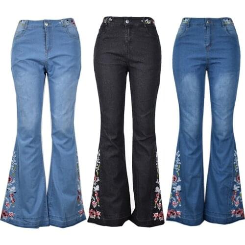 Ladies Jeans Embroidered Washed Flare Jeans Trousers