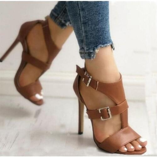 Women Stiletto Heel Sandals Ladies Buckle Strap Gladiator Sandals 2021 Summer Female Party Shoes Big Size 34-43 Black Brown