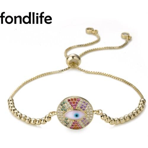 AAA Shiny Multicolor Rainbow Evil Eye Lucky Charm Chain Bracelet Women 2021 New Fashion Round Copper Beads Adjustable Jewelry