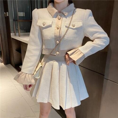 2020 Autumn Korean Sweet Tweed Two Piece Set Women Woolen Short Jacket Coat + Mini Pleated Skirt Set Female Two Piece Outfits