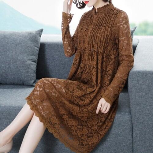 2019 Autumn Winter Plus Size Lace long Dresses Women Elegant Loose Black Maxi Dress Party Long Sleeve Runway Vestidos
