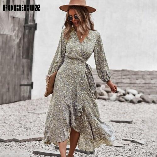 FORERUN Long Floral Dress Women V Neck Lantern Long Sleeve Boho Ruffle Dresses Elegant Ladies Robe Longue Femme Holiday Wear