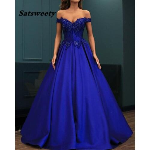 Royal Blue Prom Dress Satin Lace Beaded Women Evening Dress Engagement Formal Party Gown Sweetheart Strapless A Line Customize