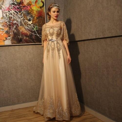 AXJFU princess flower golden lace evening dress luxury vintage o neck beading feather sashes gold powder red lace evening dress