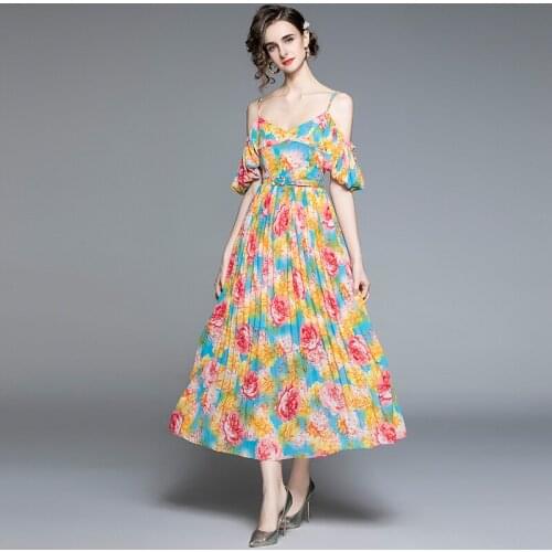 ZUOMAN Women Summer Elegant Pleated Dress Festa High Quality Long Vintage Party Robe Femme Floral Designer Chiffon Vestidos