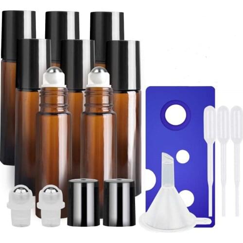 8Pack 10ml Amber/Blue Glass Roll on Bottles Essential Oil Roller Bottles with Stainless Steel Roller Balls (Opener+Funnel+Ball)