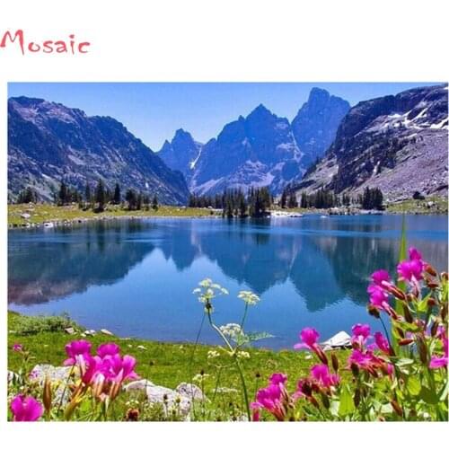 5D DIY Diamond Painting lake flower,Full Drill Square Diamond Embroidery Natural landscape Picture Of Rhinestone wall painting