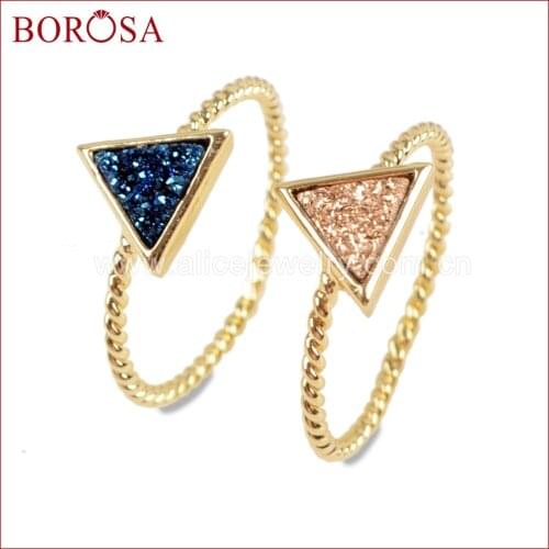 BOROSA Fashion Jewelry Gold Color Triangle Rainbow Drusy Rings Mixed Colors Agates Titanium Rainbow Druzy Bezel Ring Gems ZG0290