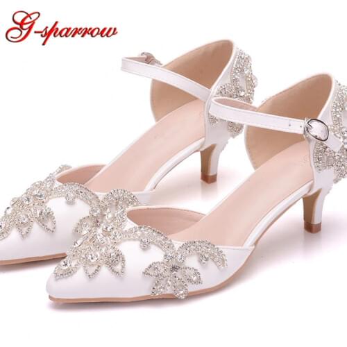 Wedding Shoes 5cm Kitten Heel Pointed Toe Ankle Strap Sandals Low Heel Bridal Dress Shoes Plus Size Girl Birthday Ceremony Pumps