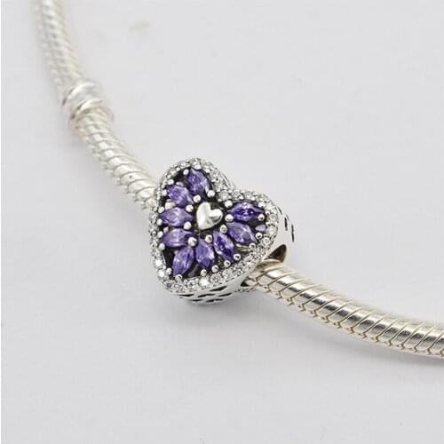 925 Sterling Silver Heart-Shaped Purple Zircon Flowers Pendant Charm Bracelet DIY Jewelry Making For Original Pandora