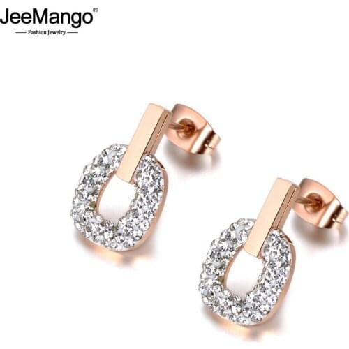 JeeMango Classic Rose Gold White Clay Crystal Stud Earrings For Women Stainless Steel Wedding Earrings Boucle D'oreille JE18047
