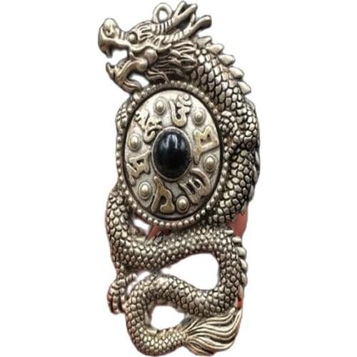 Antique Tibetan silver hollow six character real words dragon playing pearl pendant ring