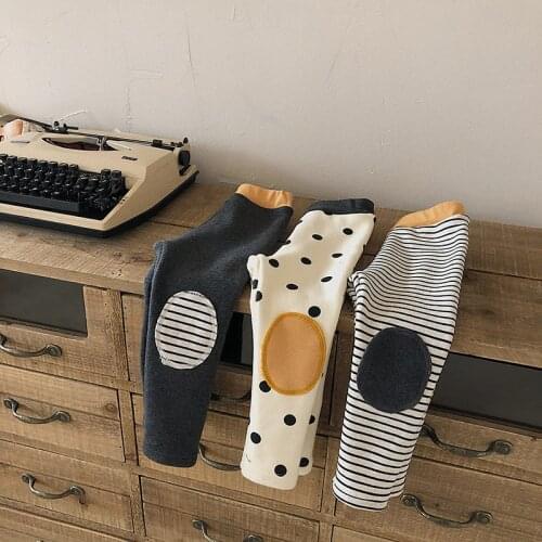 Korean Style New Winter Applique Toddlers Kids Thicken Leggings Polka Dots Striped Baby Children Skinny Elastic Pants