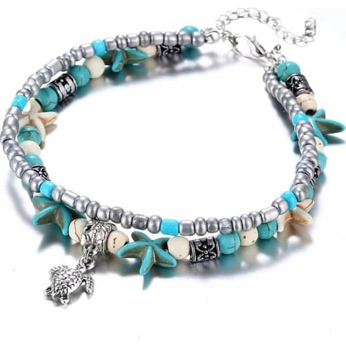 KSRA Bohemian Multiple Layers Starfish Turtle Beads Anklets For Women Vintage Boho Shell Chain Anklet Bracelet Beach Jewelry