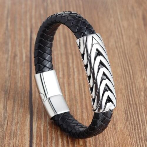LAMEMDEE Trendy Men Jewelry Leather Bracelet Stainless Steel Magnetic Clasp Braided Retro Wristband Christmas Surprise Gift