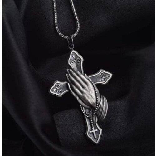 Fashion Cross Pendant Necklace Christian Prayer Hand Vintage Punk Long Chain For Men Women Statement Party Valentines Day Gifts