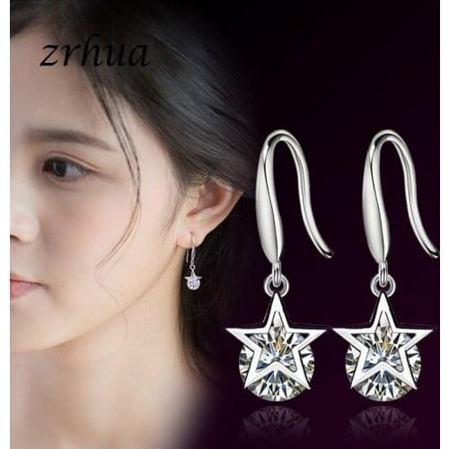 ZRHUA 100% Silver Color Fashion Drop Star Crystal Earrings Classic Dangle Jewelry for Women Wedding Birthday Gift Cheap