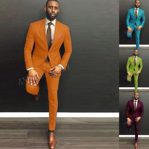 New Popest Men Suit 2 Pieces Vogue Orange Wedding Suits for Men Custom Plus Size Blazer Dress Groom Tuxedo Jacket Pants Set