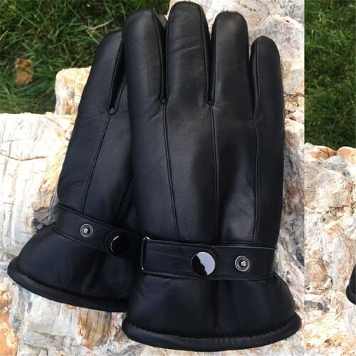 Longkeeper Men Genuine Leather Gloves Winter Sheepskin Full Finger Glove Wool Lining Warm Driving Mittens High Quality Luvas