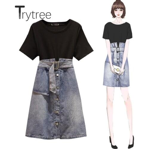 Trytree 2020 Summer Woman Casual O-neck Dress Patchwork cowboy Pockets Single Breasted Loose Fashion Fake two pieces Dress
