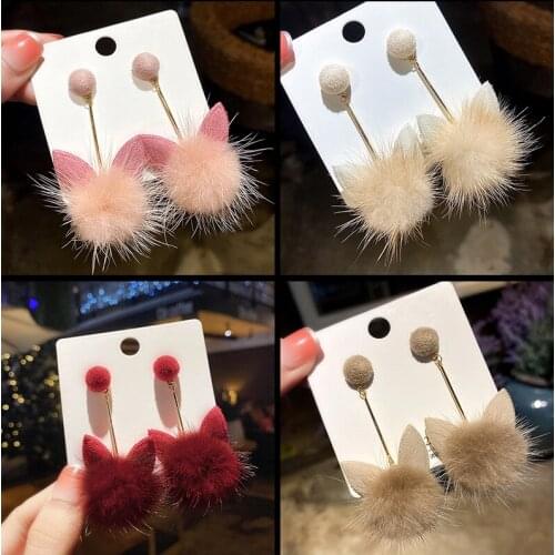Korean Sweet Cute Cat Ear Pom Pom Long Dangle Earrings For Women Fall Winter Mink Fluffy Ball Drop Earrings Jewelry brincos Gift
