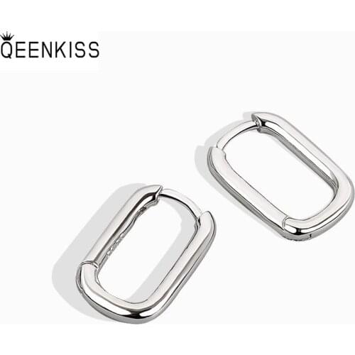 QEENKISS EG684 Fine Jewelry Wholesale Fashion Woman Girl Birthday Wedding Gift Round Grid 18KT Gold White Gold hoop Earrings