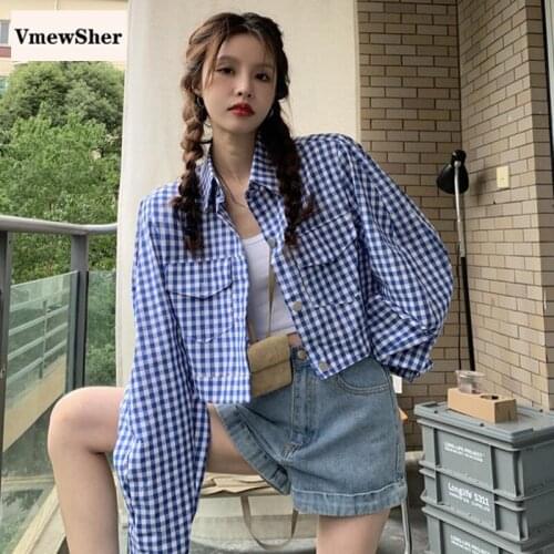 VmewSher New Vintage Long Sleeve Plaid Jacket Spring Women Pockets Single Breasted Streetwear Casual Crop Tops Short Outwear