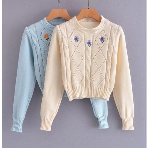 2021 autumn and winter fashion ladies new embroidery flower pullover long sleeve round neck twist knitted sweater women