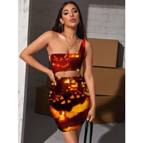 Giyu Brand Pumpkin Dresses Women Halloween Halter Sleeveless Funny Pleating Harajuku Bodycon Dress Womens Clothing Party Vintage