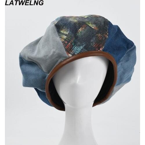 2021 Fashion Pacthwork Denim Beret For Women Designer Large Version Cloud Hat Retro Painter Hat wholesale