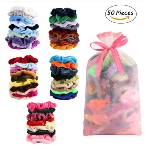 50 Colors Vintage Hair Scrunchie Pack Stretchy Velvet Scrunchies Women Elastic Hair Bands Girl Headwear Plain Rubber Hair Ties
