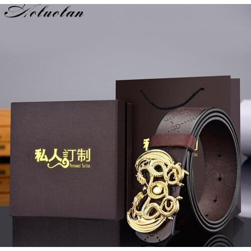 Aoluolan Genuine Leather dragon Designer Luxury Brand Belt men For Dress New High Quality Gold buckle belts with box