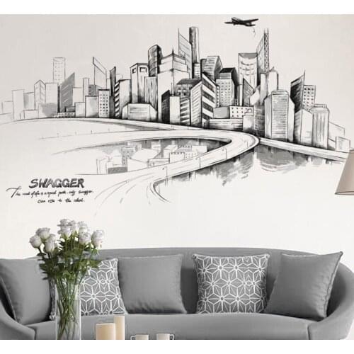 Large Black Retro City Buildings Wall Stickers for Living Room Sofa Background Decoration PVC DIY Mural Art Decals Home Decor