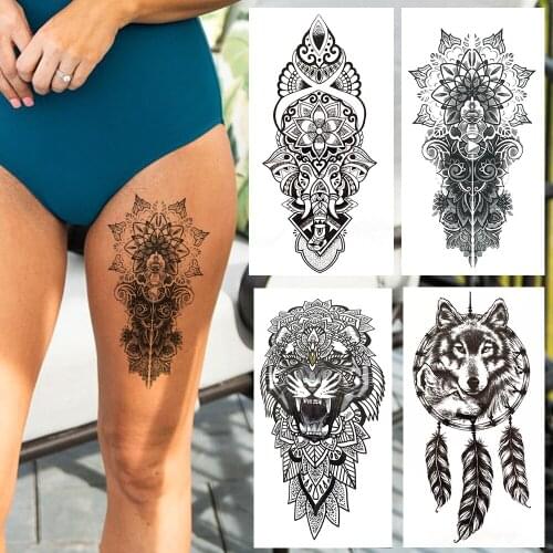Black Mandala Flower Temporary Tattoo For Women Men Tiger Sexy Tattoos Sticker Wolf Dreamcatcher Feather Tatoo Lace Elephant Leg