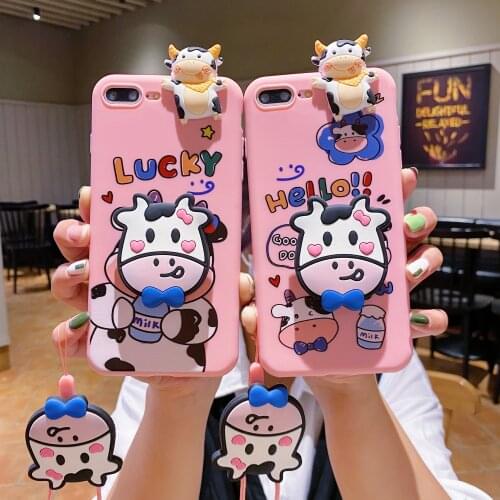 For Samsung S10 S9 S8 M10 M20 J2 Prime J4 Plus J5 Prime J6 Plus J7 Cartoon Cow Soft Silicone TPU Doll Stand+ Lanyard Phone Cover