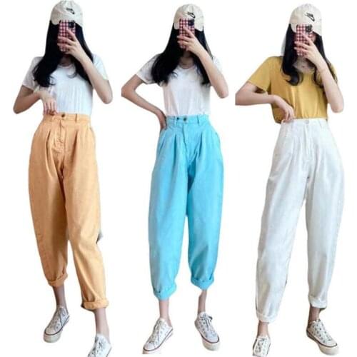 Women Pleated Loose Jeans Candy Colors Jeans High Waist Loose Slouchy Jeans Pockets Boyfriend Denim Pants Casual Ladies Jeans