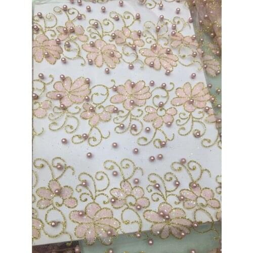 Hot sale JRB-81022 african glued glitter tulle mesh fabric shining glued glitter lace fabric with beads for party dress