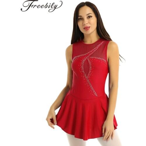 Freebily Adult Performance Dance Costume Sleeveless Mesh Splice Rhinestones Figure Skating Dress Women Ballet Gymnastics Leotard