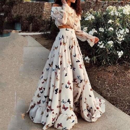 Two Piece Elegant Petal Sleeve Crop Top & High Waist Ruffle Hem Maxi Skirt Set Fashion Slim Boho Beach Skirt Suits