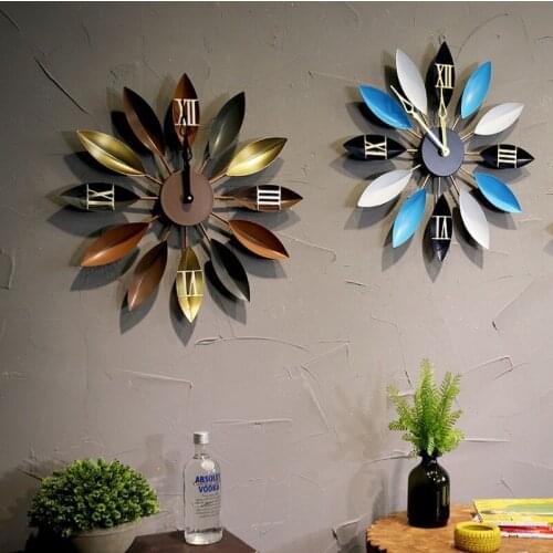 Retro Creative Wall Clock Art Simple Modern Metal Nordic Design Leaf American Clock Mechanism Duvar Saati Home Decor BW50WC