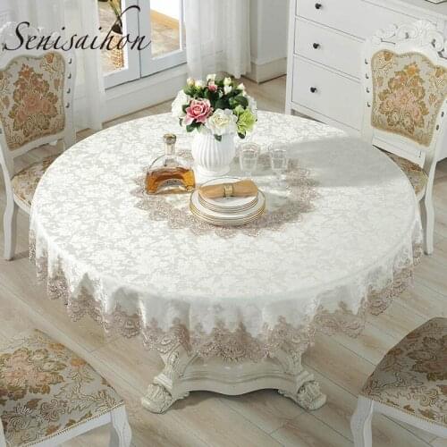 European Round Tablecloth High Quality Brown Satin Fabric Lace Hollow Embroidery Wedding Decor Dining Table Cloth for Hotel Home